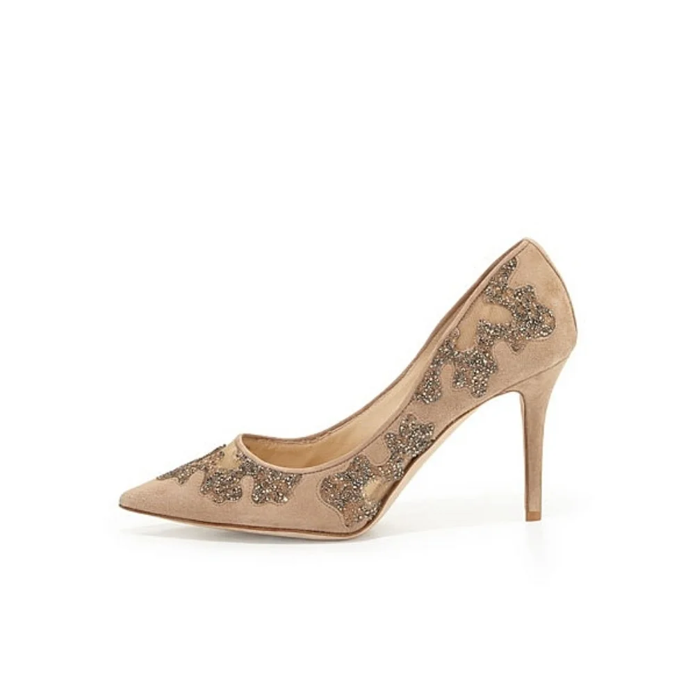 Jimmy Choo Karmel 120 Nude Suede Crystal Wedding Occasion Pointy Toe Mesh Pump - Picture 9 of 16